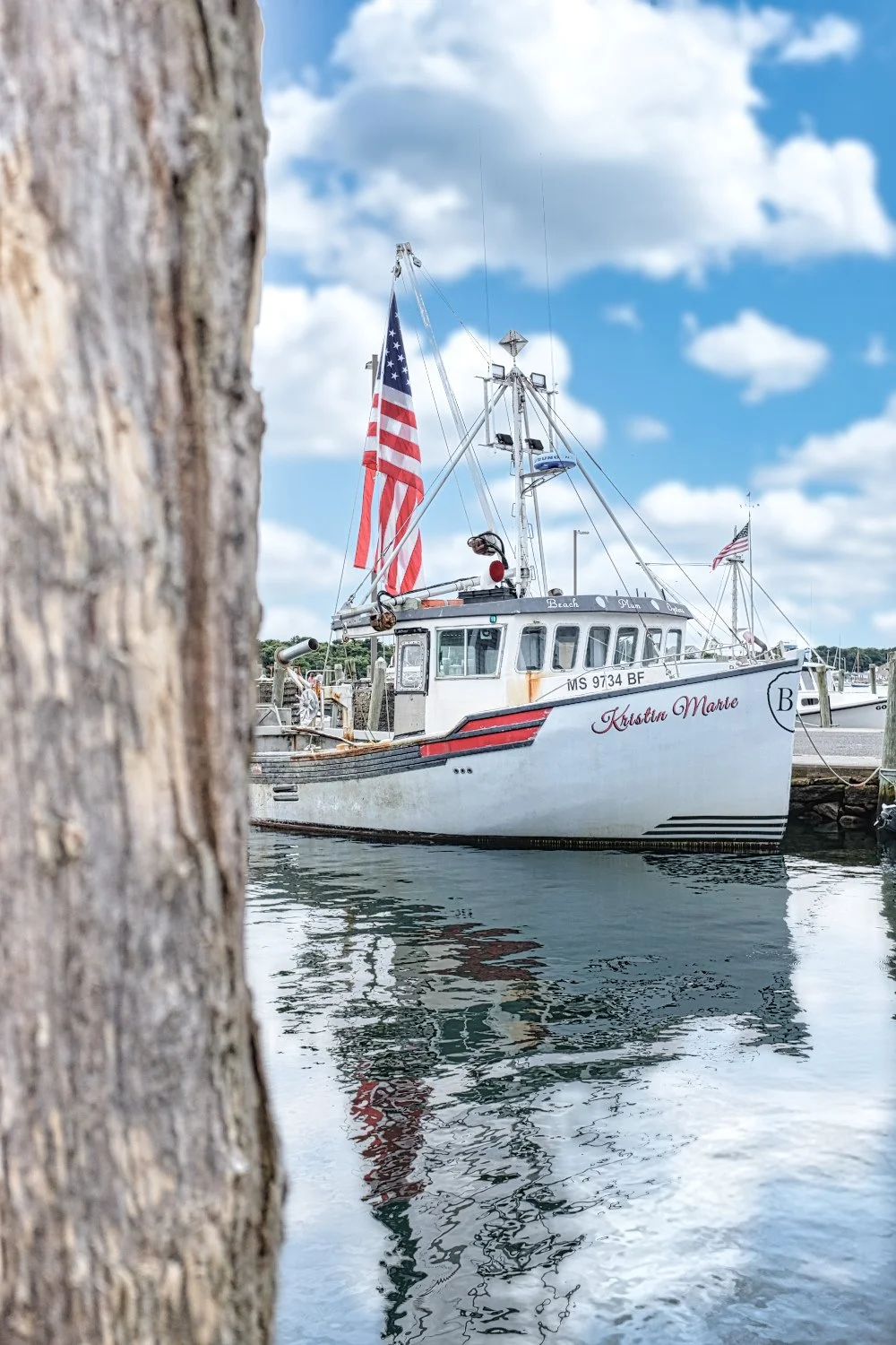 A white boat named 'Kristina Marle' docked at a marina with American flags, seen through a tree trunk, under a partly cloudy sky.