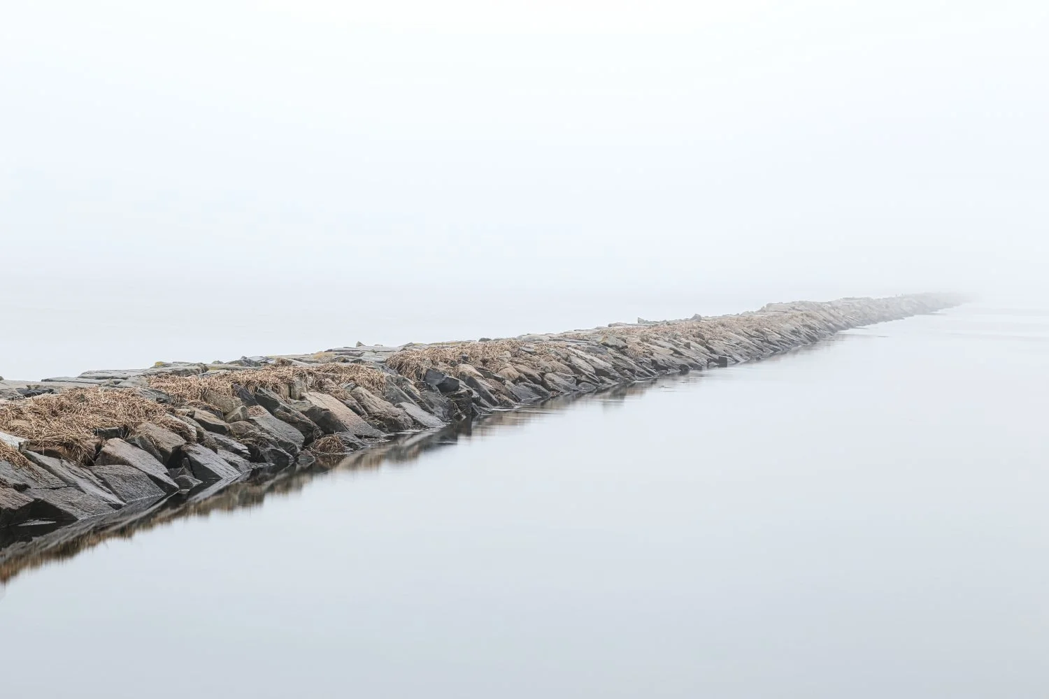 A stone breakwater extending into the foggy ocean, with calm water on either side.