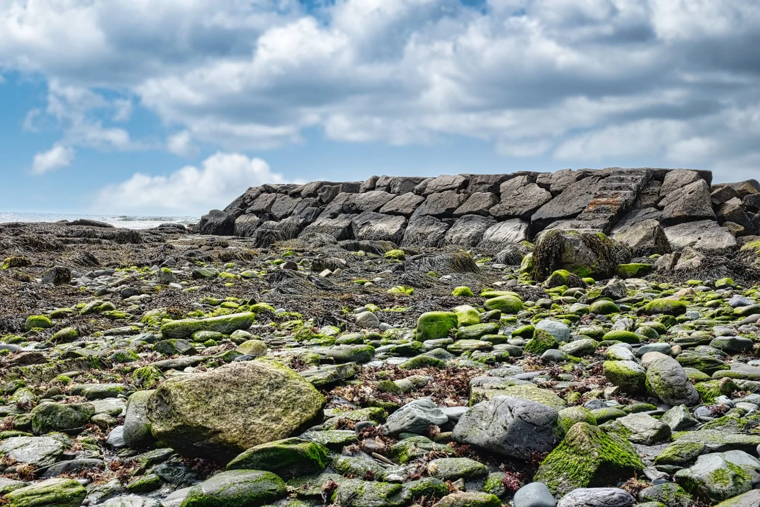 A rocky shoreline with moss-covered stones and a stone wall in the background under a partly cloudy sky.