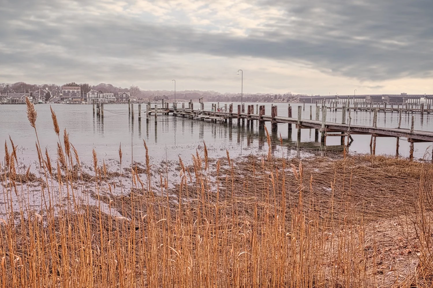 A wooden dock extends into calm water near a shore with dry, tall grass in the foreground. Houses and a bridge are visible in the background under a cloudy sky.