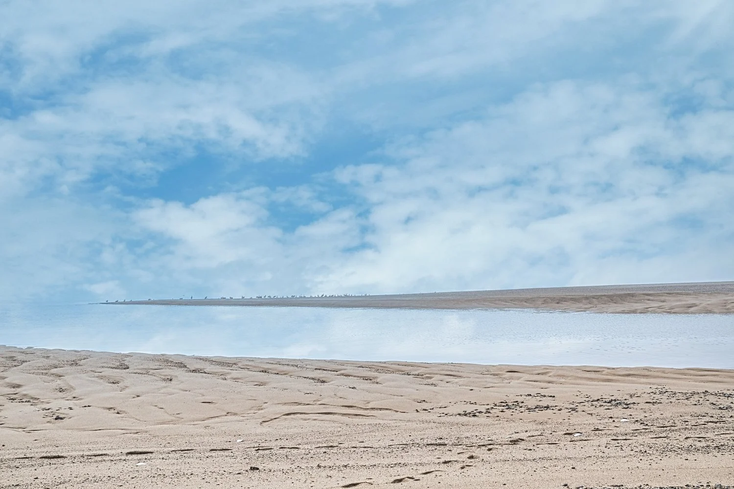 A sandy beach with a calm body of water under a partly cloudy sky.