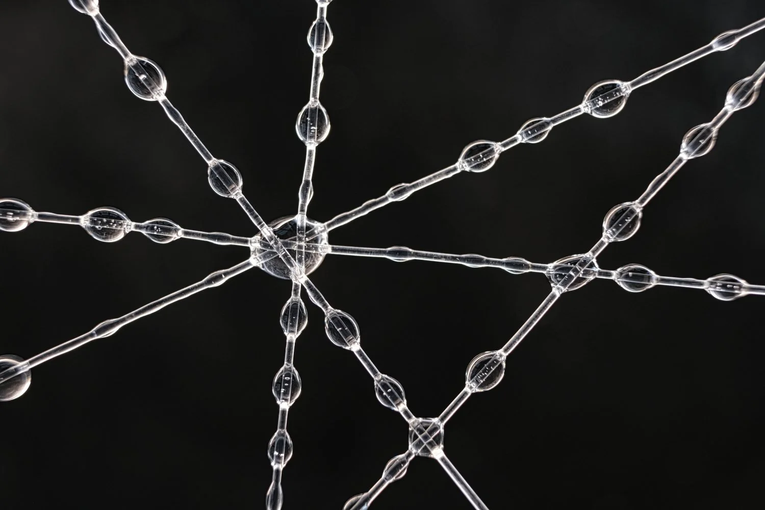 Close-up of a structure made of clear glass or plastic tubes and spheres connected in a web-like pattern on a black background.