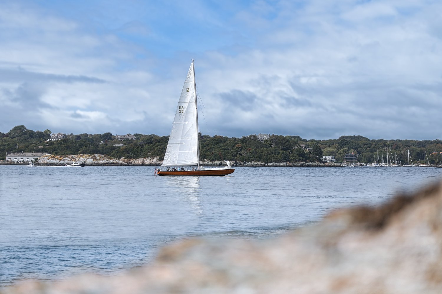 A sailboat with a white sail sailing on calm water near a shoreline with houses and trees under a cloudy sky.