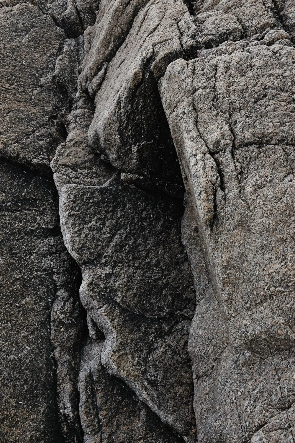 Close-up of a rough, textured gray rock formation with jagged edges and deep crevices.