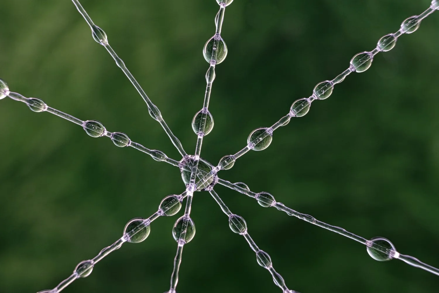 Close-up of a spider web with water droplets on its silk strands, set against a blurred green background.