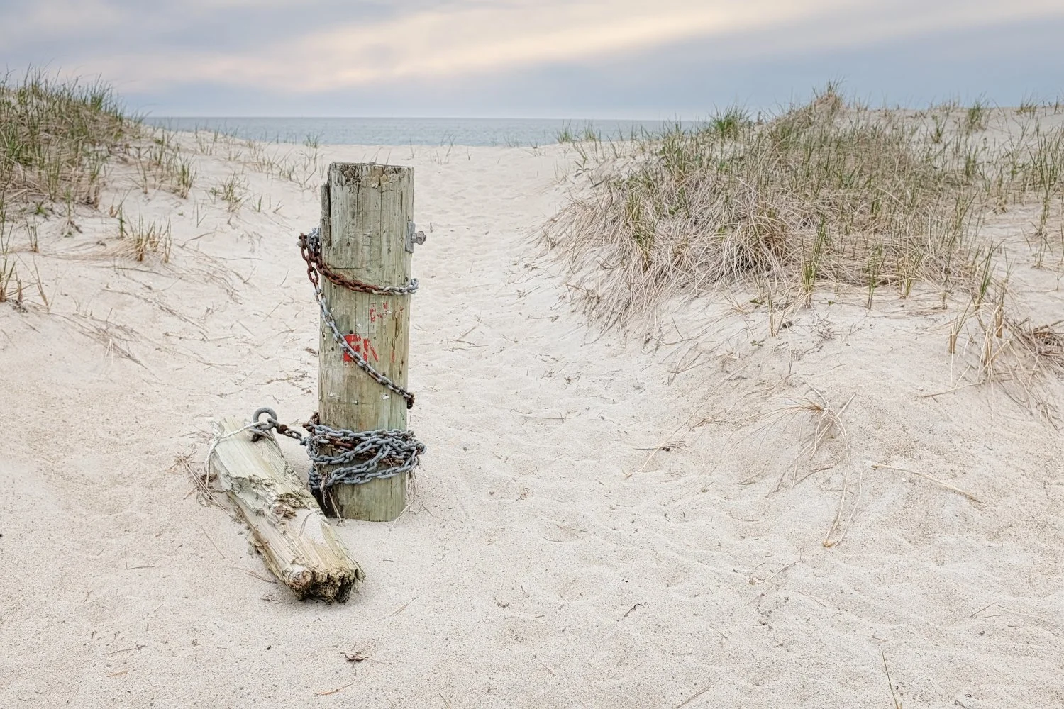 A sandy beach with a weathered wooden post chained to it, surrounded by dune grass, leading out to the ocean in the distance under a cloudy sky.