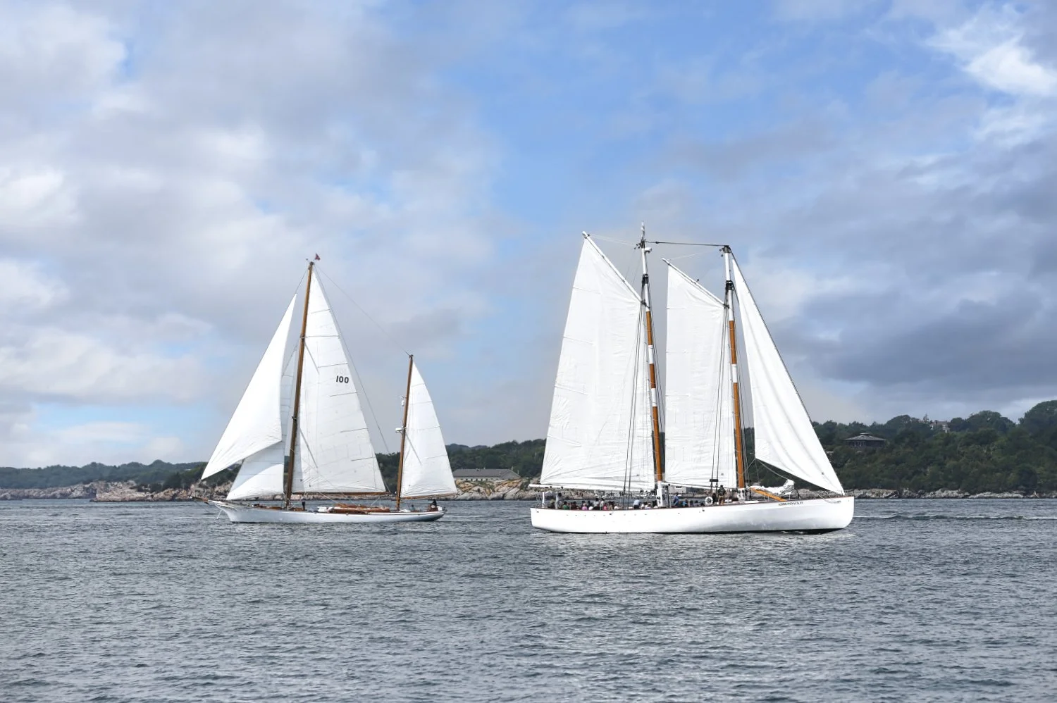 Two sailboats on the water with a partly cloudy sky and a tree-lined shoreline in the background.