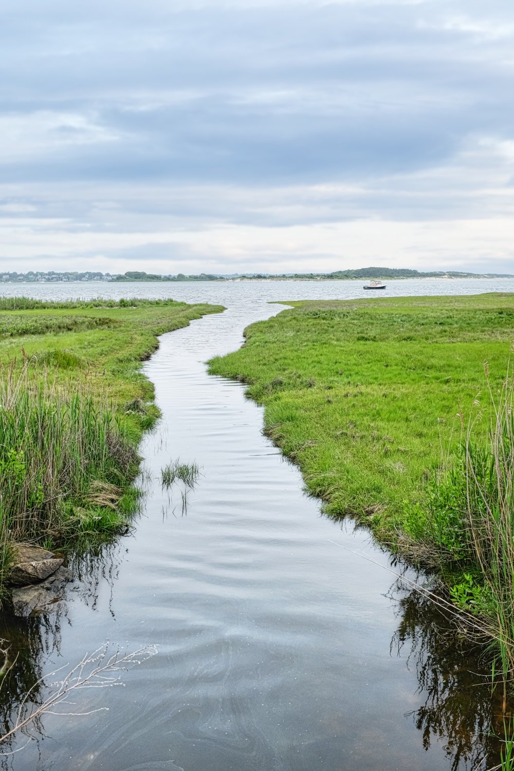 A narrow waterway cutting through green marshland towards a body of water with a boat in the distance under a cloudy sky.
