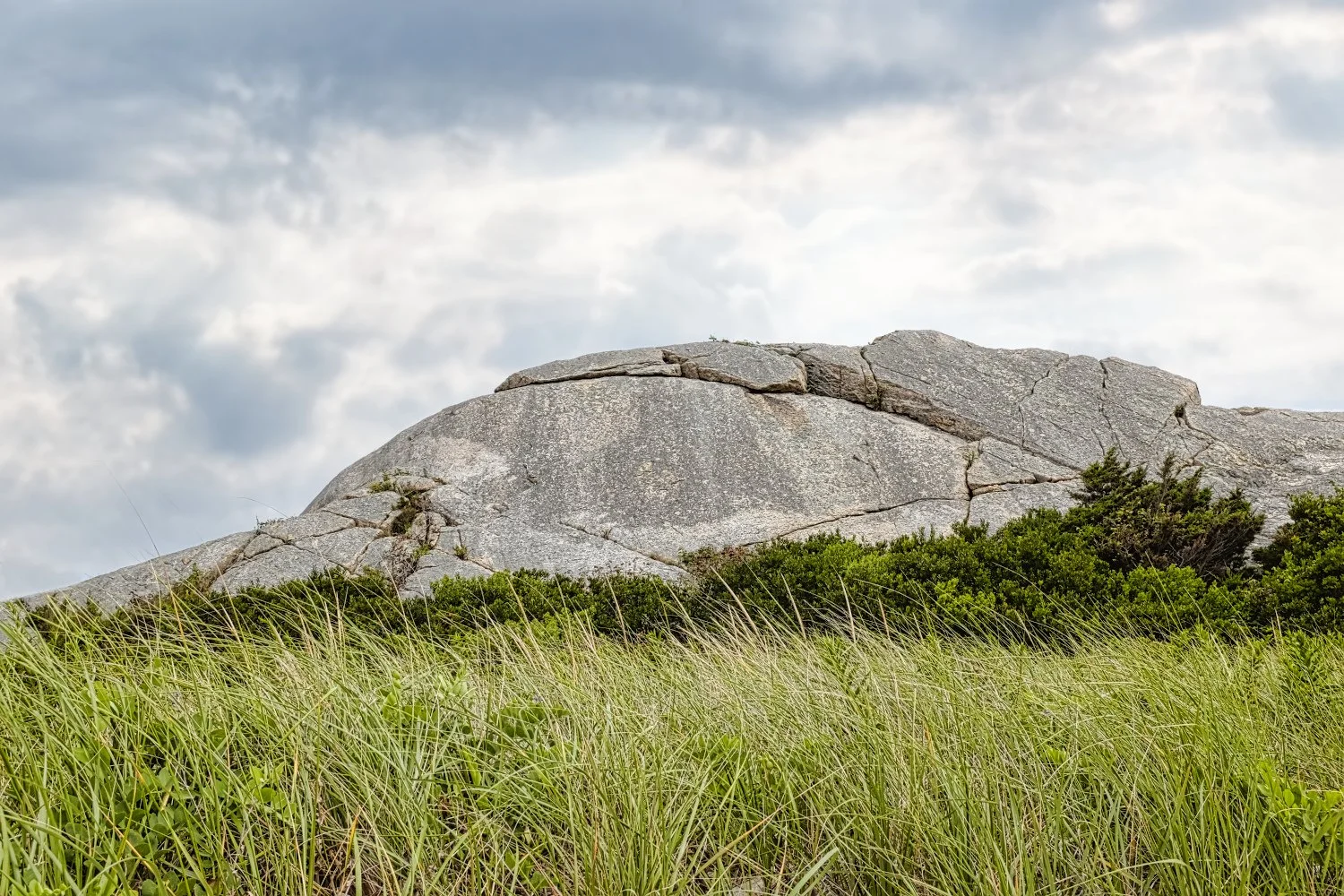 Large gray rock formation with cracks surrounded by green grass and small shrubs under a cloudy sky.