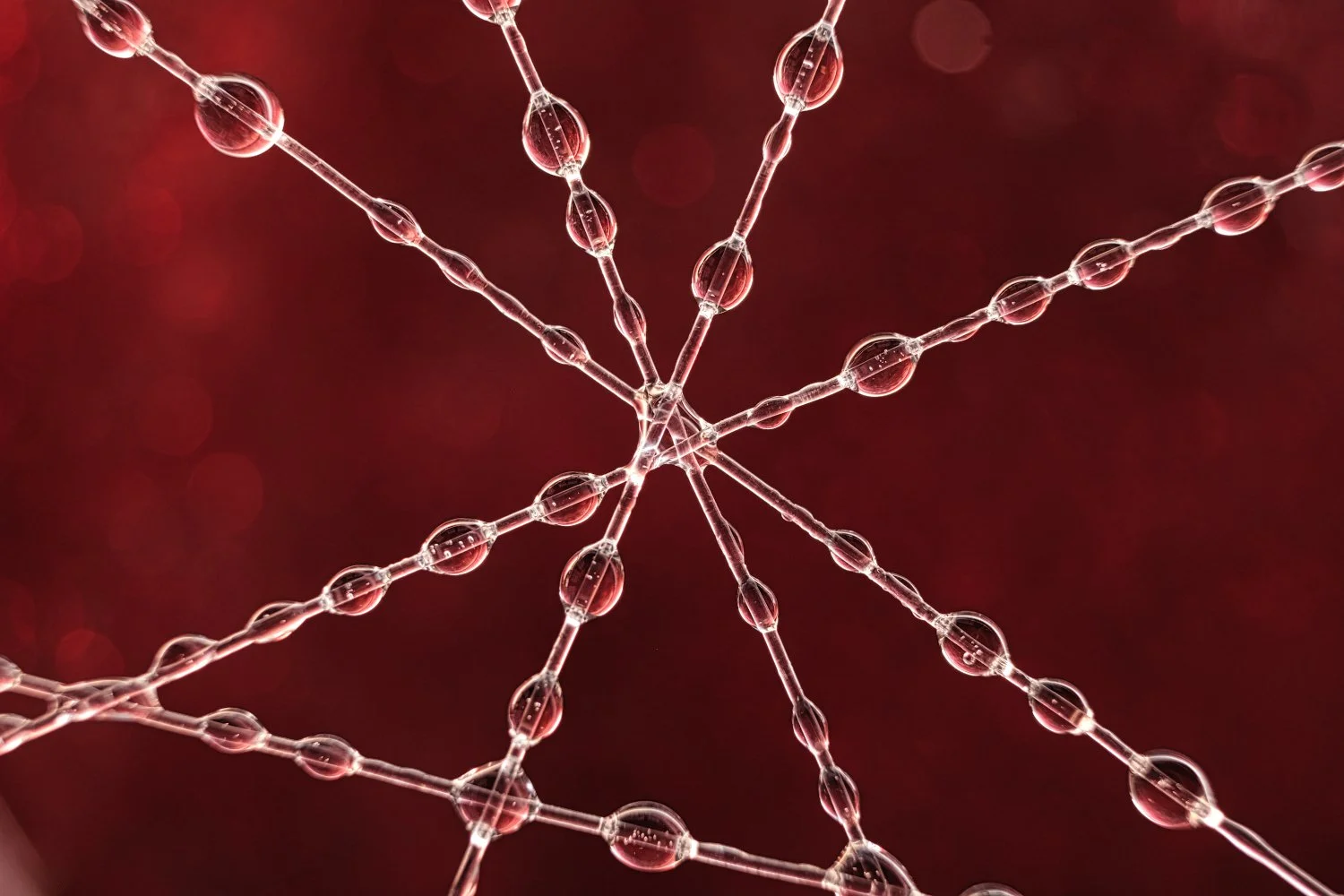 A digital illustration of a neural network or interconnected neurons, with translucent pinkish-red nodes connected by thin lines, set against a dark red background.