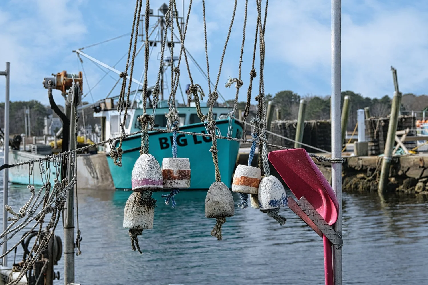 Boats docked at a marina with ropes and buoys hanging from metal poles, a pink slide on the dock, and a clear blue sky in the background.