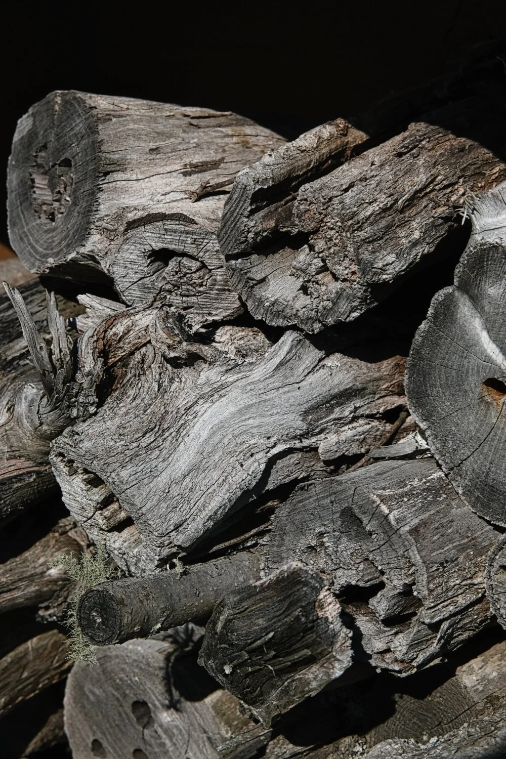 Close-up of stacked weathered firewood logs with rough textures and cracks.