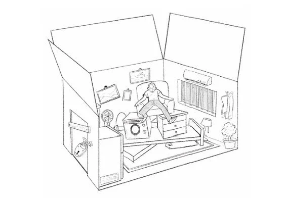 Line drawing of a bedroom with a woman sitting on the bed, a washing machine, a wardrobe, a window with curtains, a plant, and other bedroom furniture. A cluttered Superiority mindset representation using a box analogy.