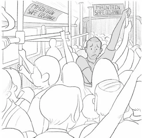 A sarcastic funny cartton with a sign on the bus reads 'Maintain Safe Distance,' indicating social distancing guidelines. Passengers appear to be wearing masks but not able to mnaintain distance.