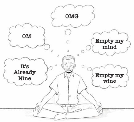 A person in a meditative pose with eyes closed, surrounded by comic-style thought bubbles that say "OMG," "OM," "Empty my mind," "It's Already Nine," and "Empty my wine." representing chaos in head.