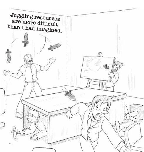 Drawing of a scene with several juggled knives, representing the difficulties of life.