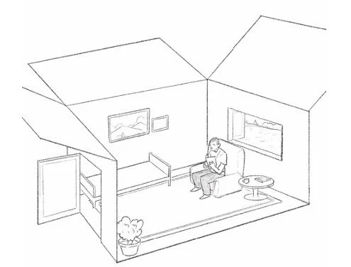 Line drawing of a woman sitting on a chair in a living room with two windows, a sofa, a small table, and a potted plant near a door. A well-managed self-attainment mindset representation using a box analogy.
