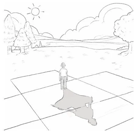 A person standing outdoors on a grid, overlooking a landscape with mountains, trees, a lake, and a cloudy sky with the sun. A calm Spiritual mindset representation using a box analogy.