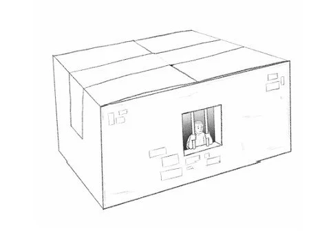 A person looking out of a small barred window on the side of a large concrete building, resembling a prison cell or detention facility. A survival mindset representation using a box analogy.