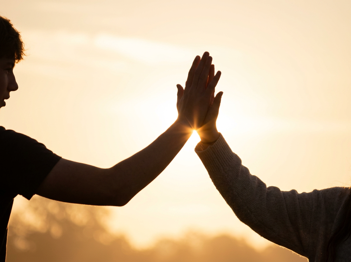 Two people giving each other a high five at sunset.