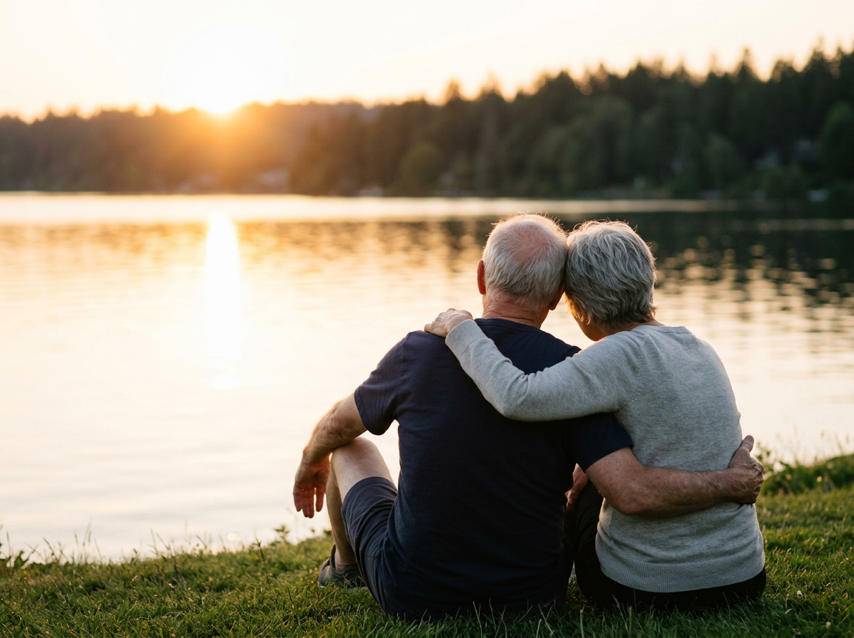 An elderly couple sitting by a lake during sunset, embracing and enjoying each other's company.