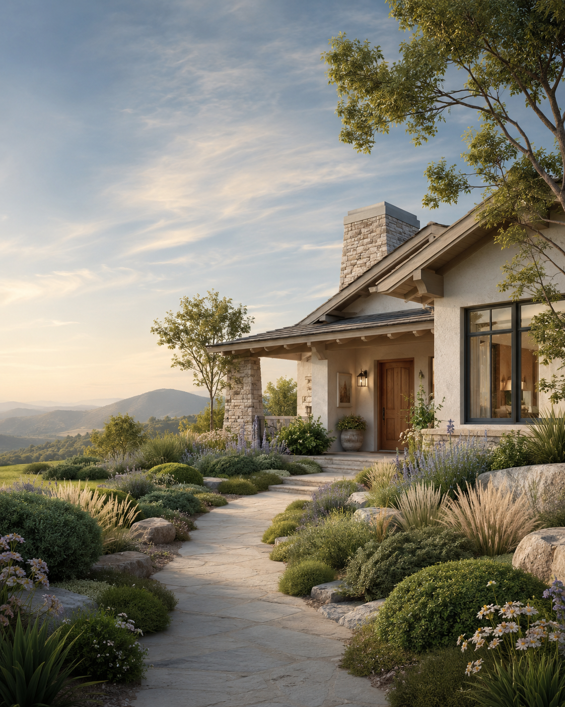 Stone home and landscaped garden at sunset.