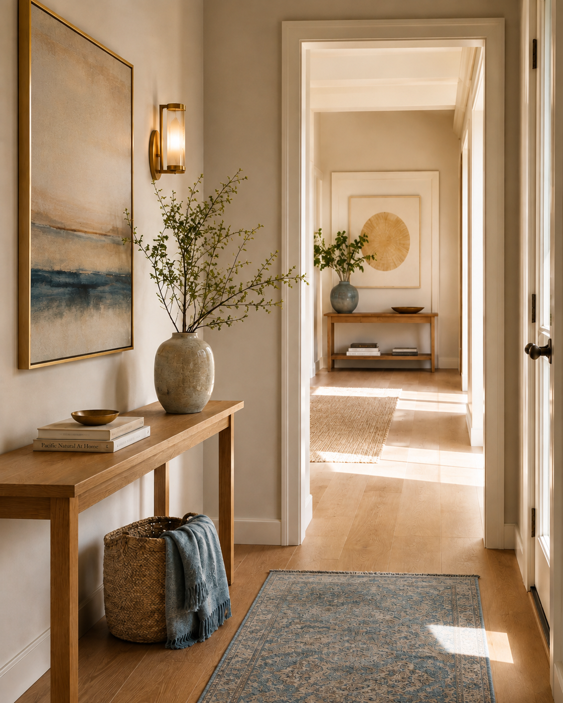 Light-filled hallway with natural wood, artwork and greenery.