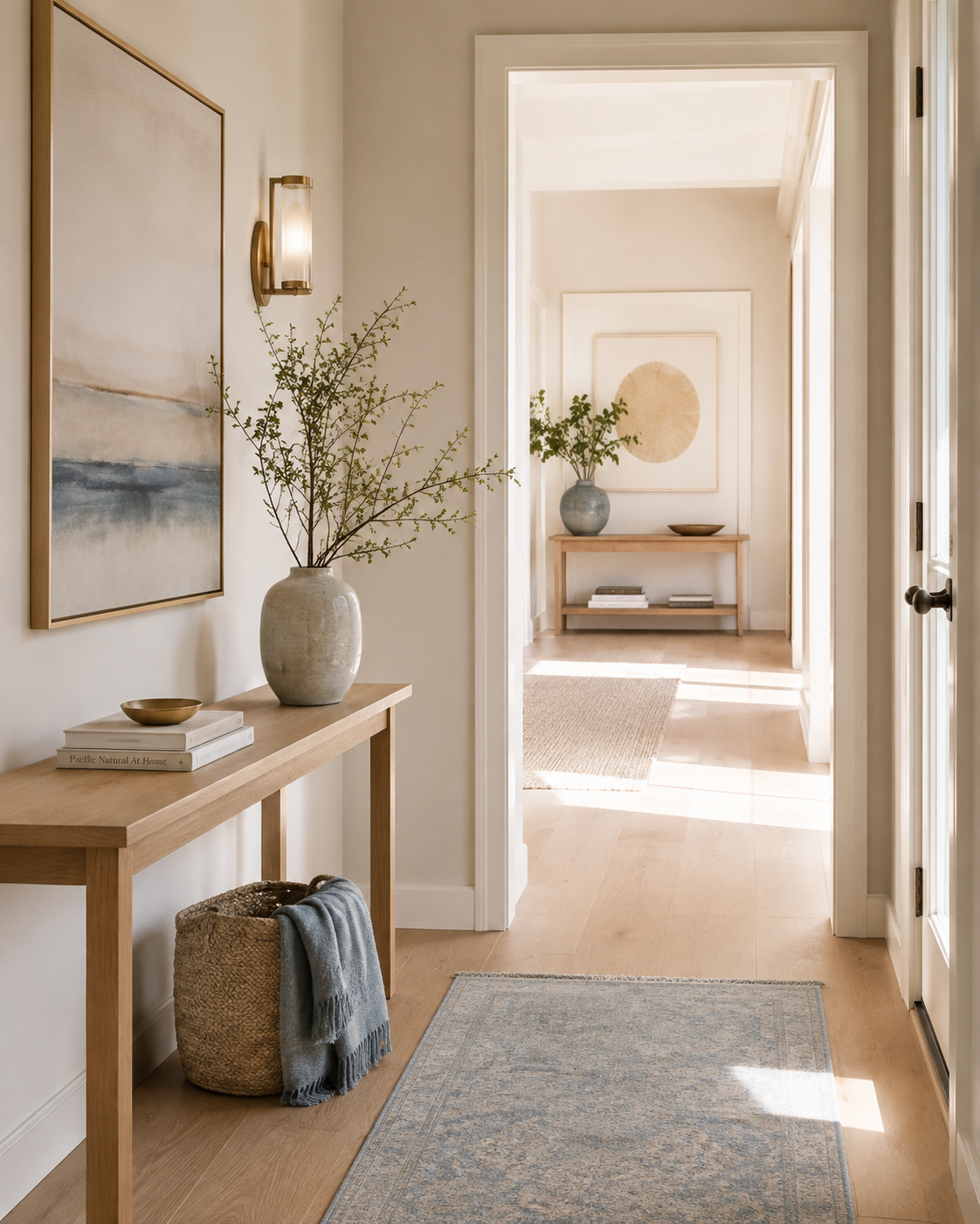 Bright hallway with a wood console table, greenery and artwork.