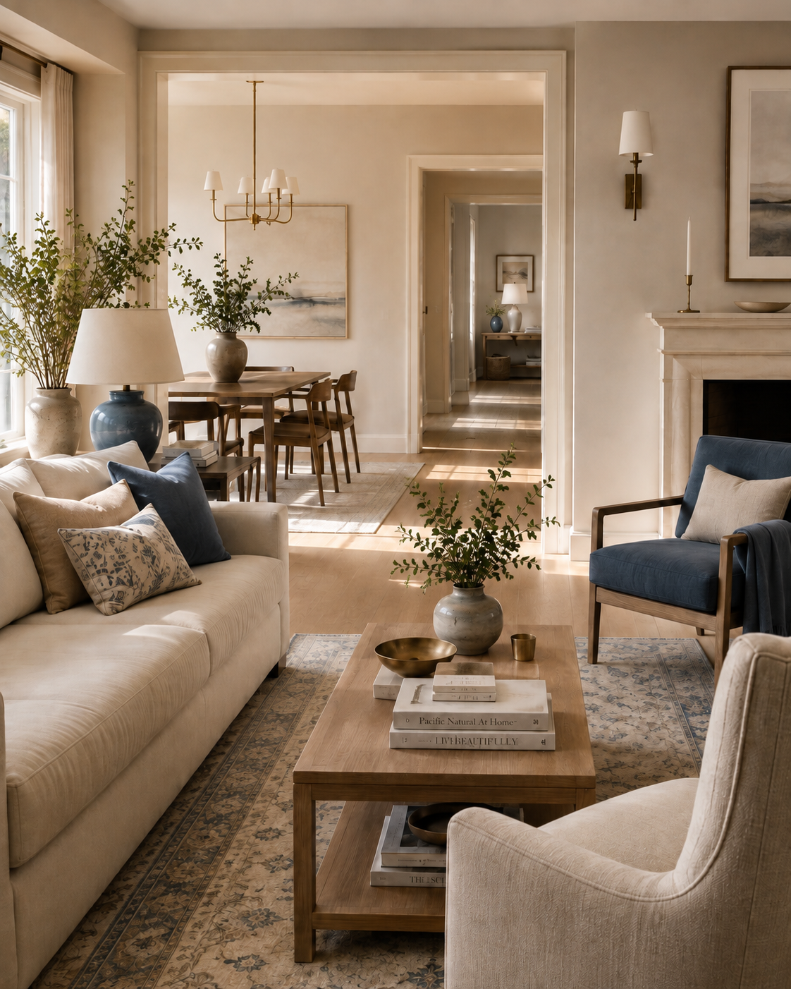 Warm, neutral living and dining room with plants and natural light.