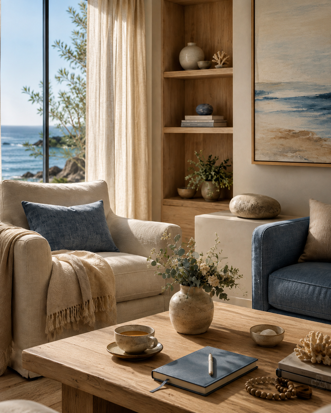 Calm, neutral living room overlooking a peaceful lake.