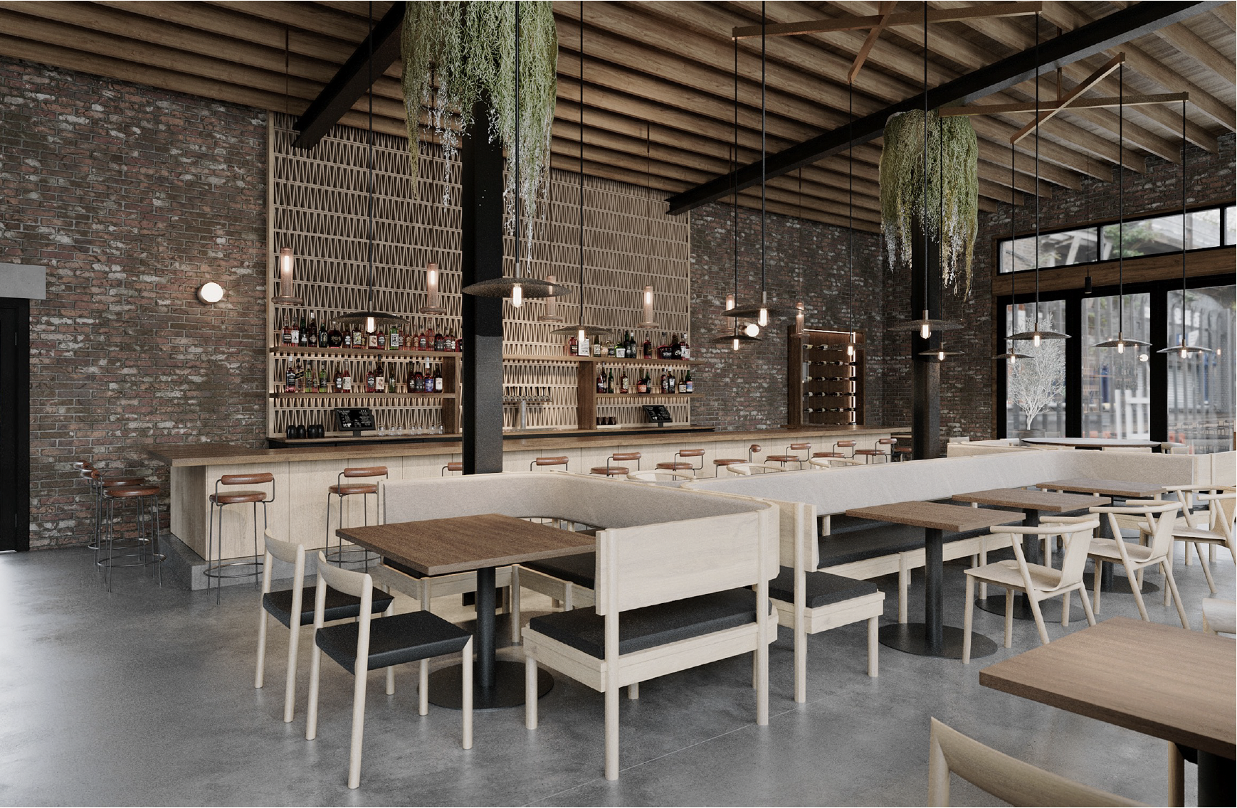 Inside a modern, stylish restaurant with brick walls, wooden ceiling, and contemporary lighting. There is a bar area with bottles on shelves, and various dining tables and chairs.