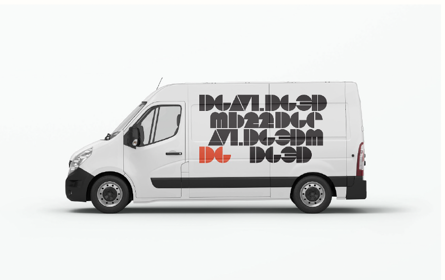 White delivery van with large black and red text on the side.