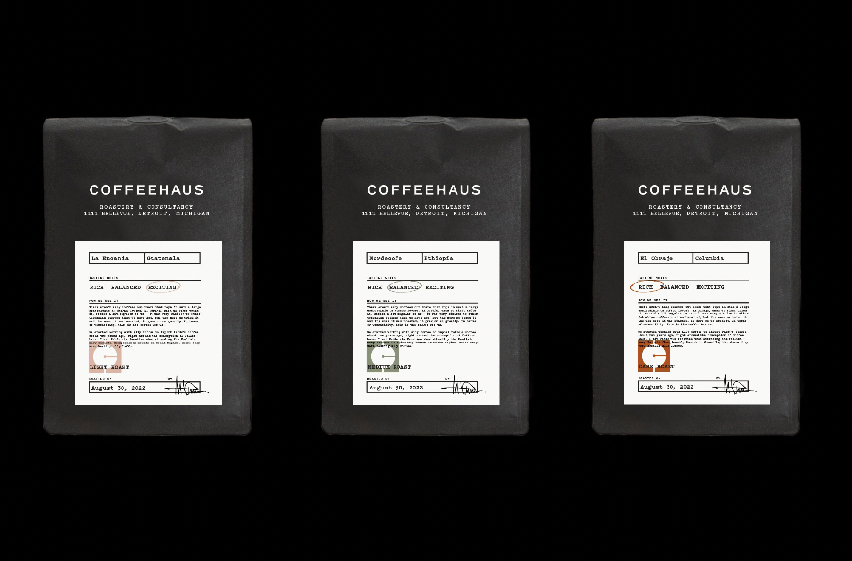 Three bags of coffee from COFFEEHAUS, each with a label indicating the origin, roast level, and tasting notes, set against a black background.