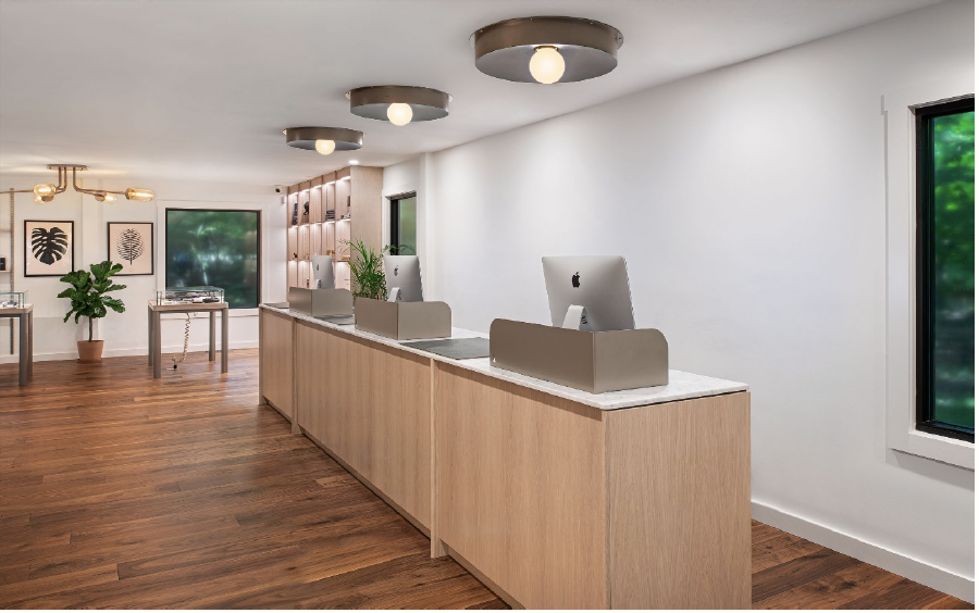 Modern reception area with three Apple iMac computers on a wooden counter, white walls, wood flooring, and decorative plants.