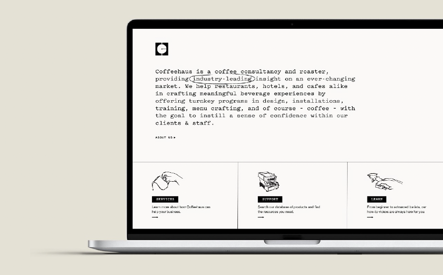 A laptop displaying a webpage for Coffeehaus, a coffee consultancy and roaster, with sections on services, support, and learning.