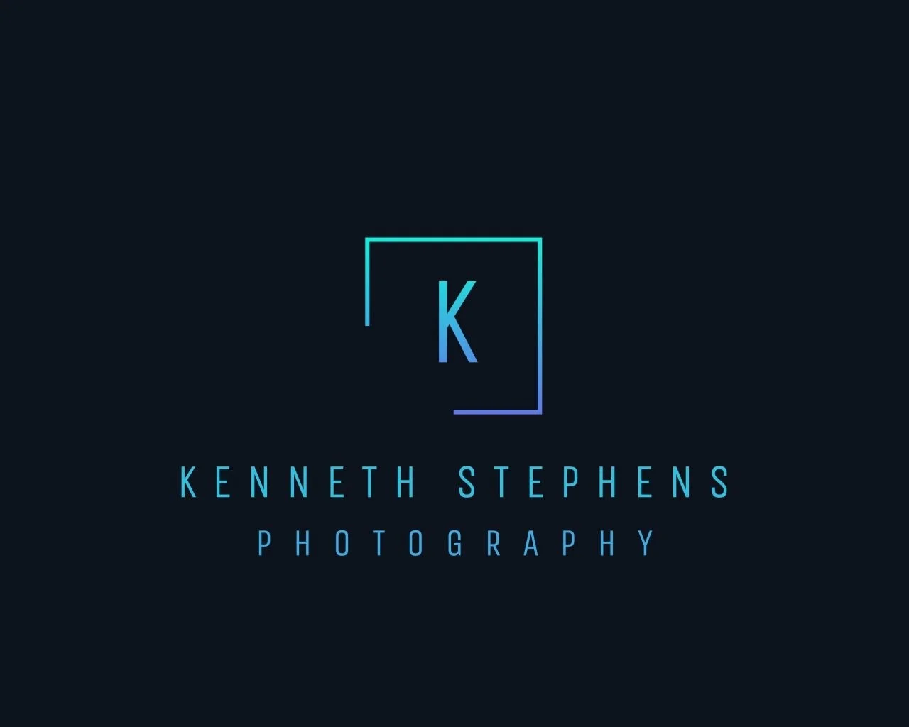 A dark background with a minimalist logo of a square outline containing the letter 'K' and the text 'Kenneth Stephens Photography' in blue