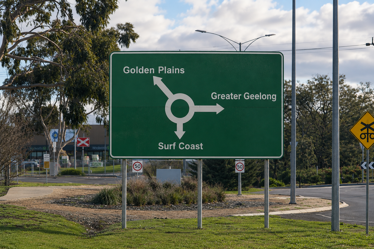 Green road sign showing directions to Golden Plains, Greater Geelong, Surf Coast via a roundabout with arrows.