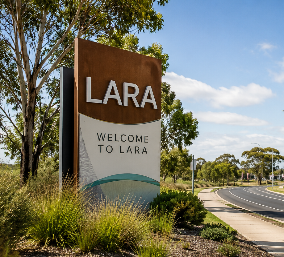 Welcome to Lara sign at the entrance to Lara, Victoria