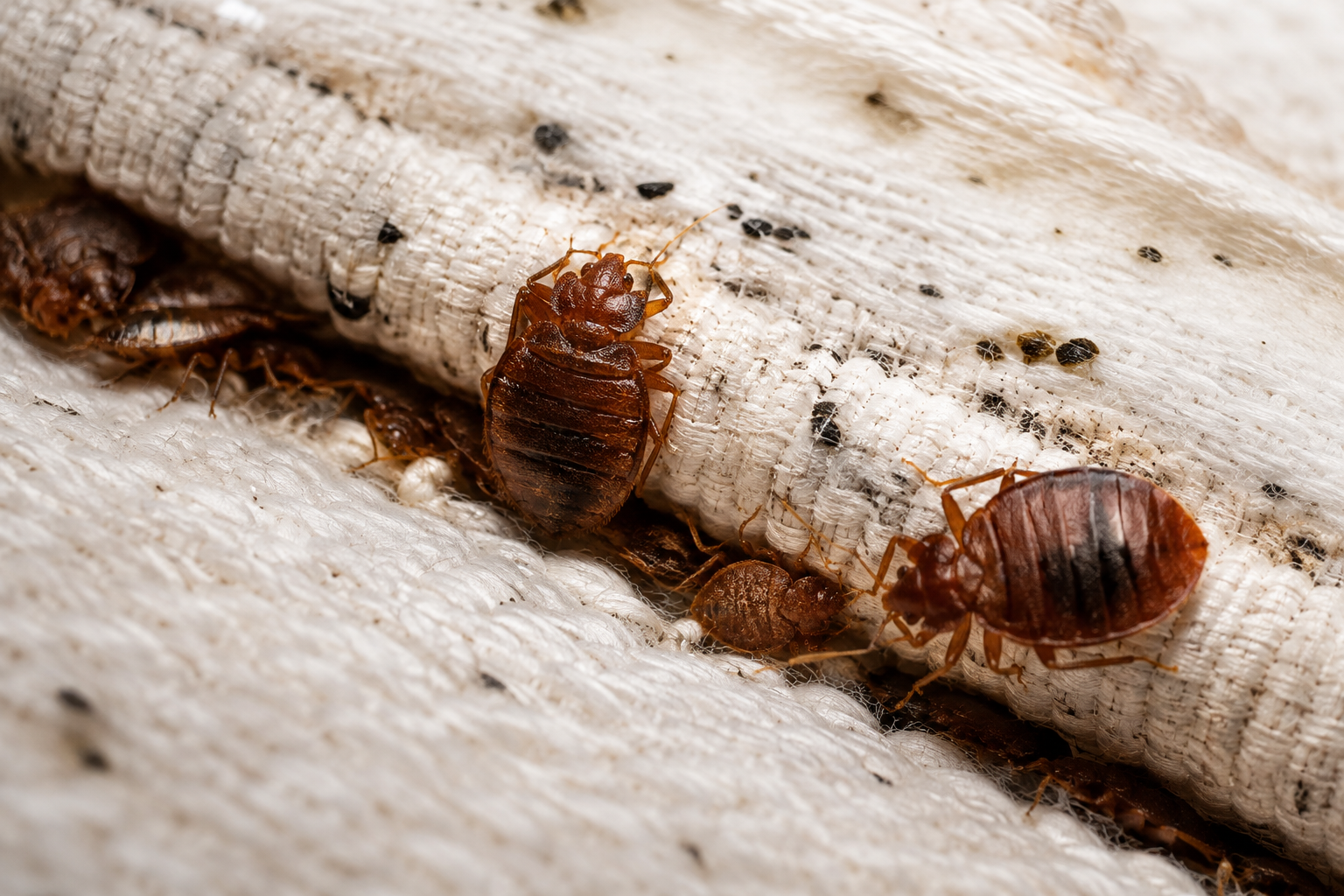 Close-up of bed bugs on a mattress with black specks.