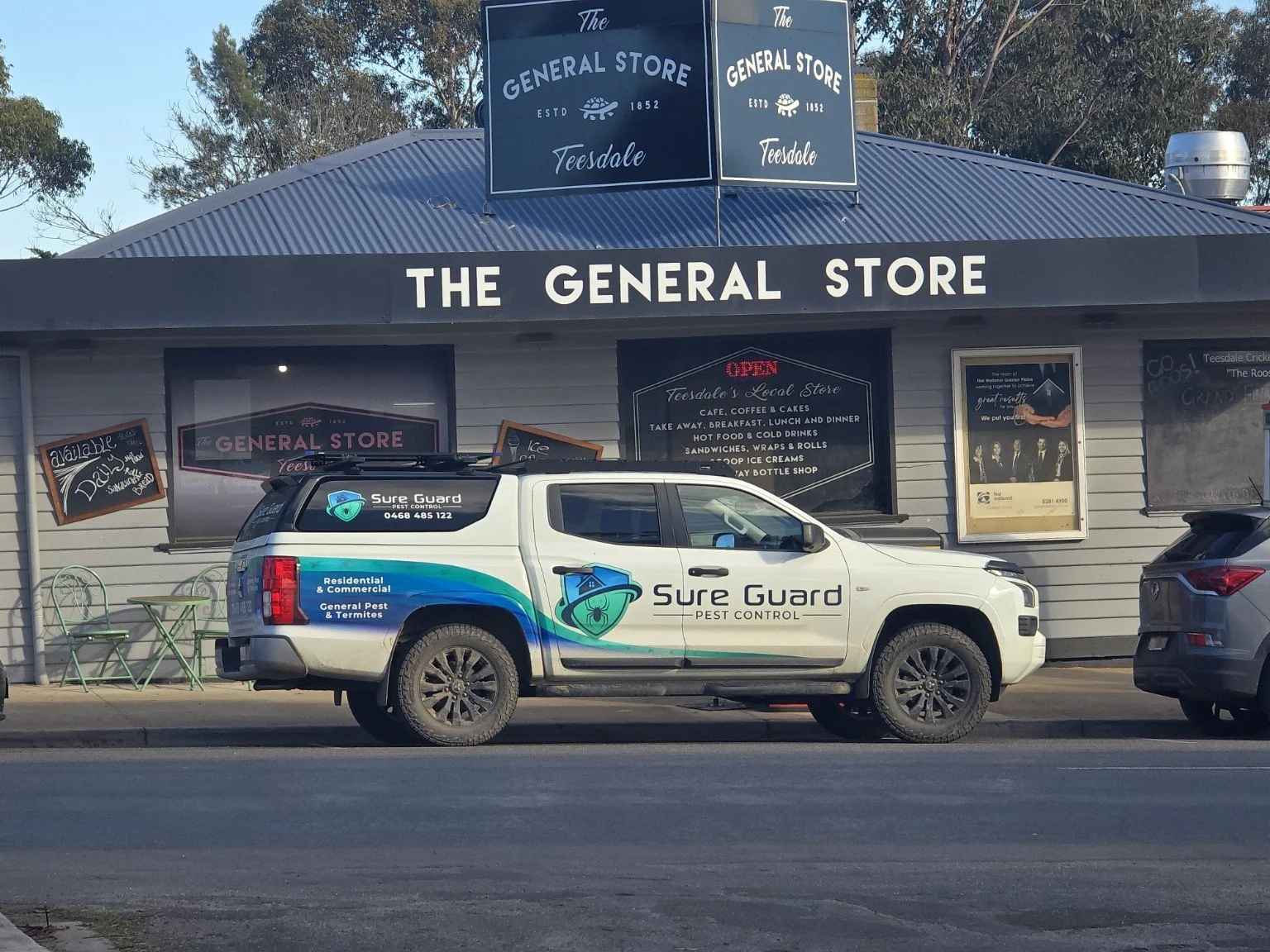 SureGuard Pest Control vehicle outside The General Store in Teesdale, Victoria