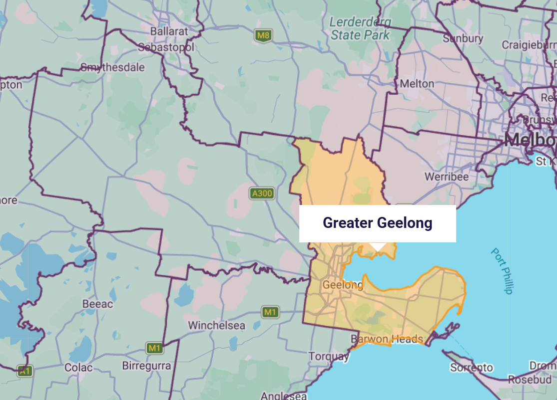Map highlighting the Greater Geelong area in Victoria, Australia, with surrounding regions and city names.