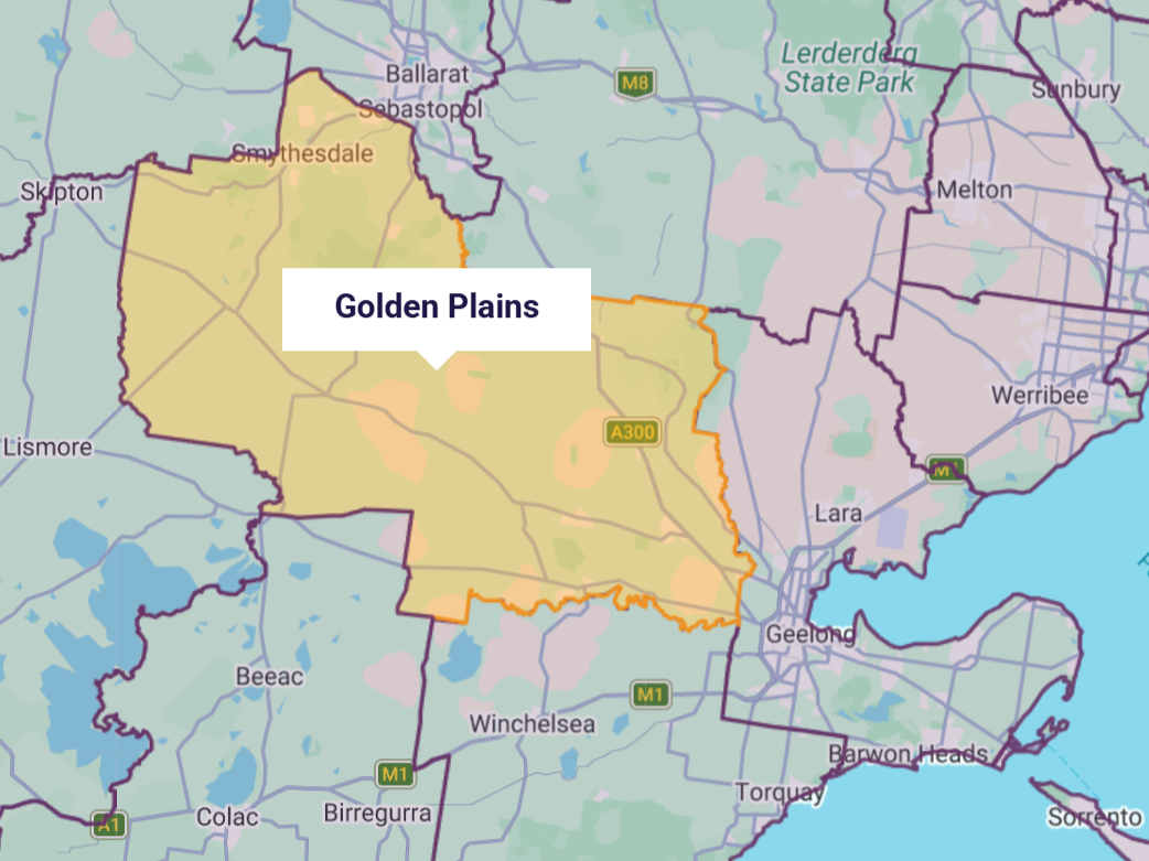 Map of the Golden Plains area in Victoria, Australia, highlighted in yellow with surrounding towns and roads labeled.