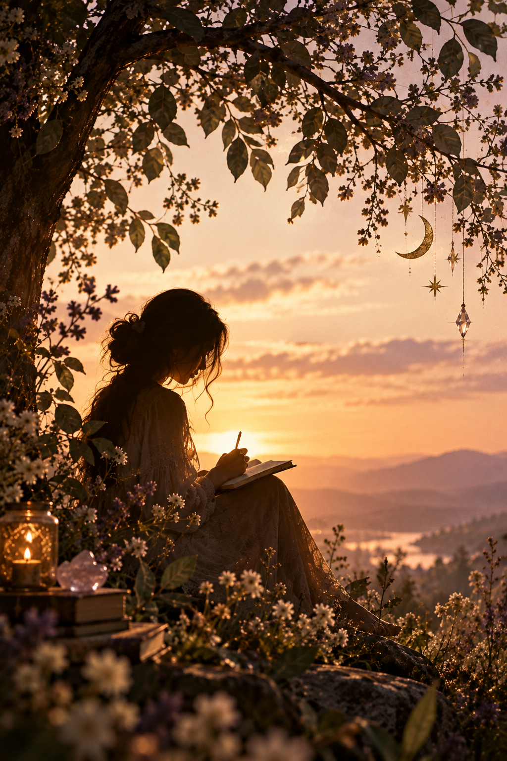 A woman sitting under a tree at sunset, writing in a notebook, surrounded by flowers, candles, and hanging decorative stars and moon.