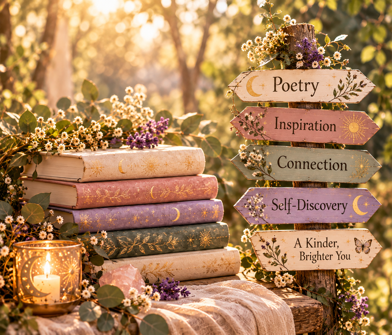 Decorative outdoor scene with a stack of books adorned with flowers, candles, and a wooden signpost with words such as Poetry, Inspiration, Connection, Self-Discovery, and A Kinder Brighter You.