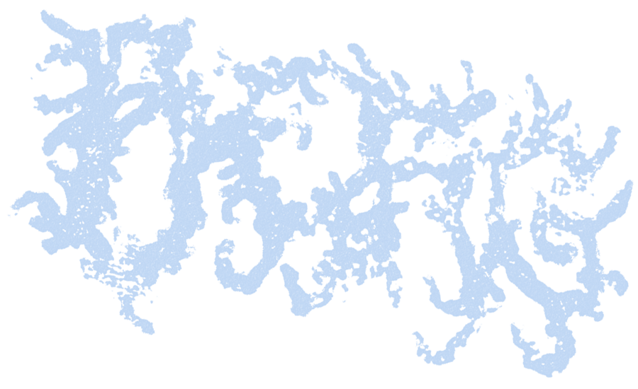 Map of a large, irregularly-shaped lake with numerous inlets and peninsulas, depicted in light blue on a white background.