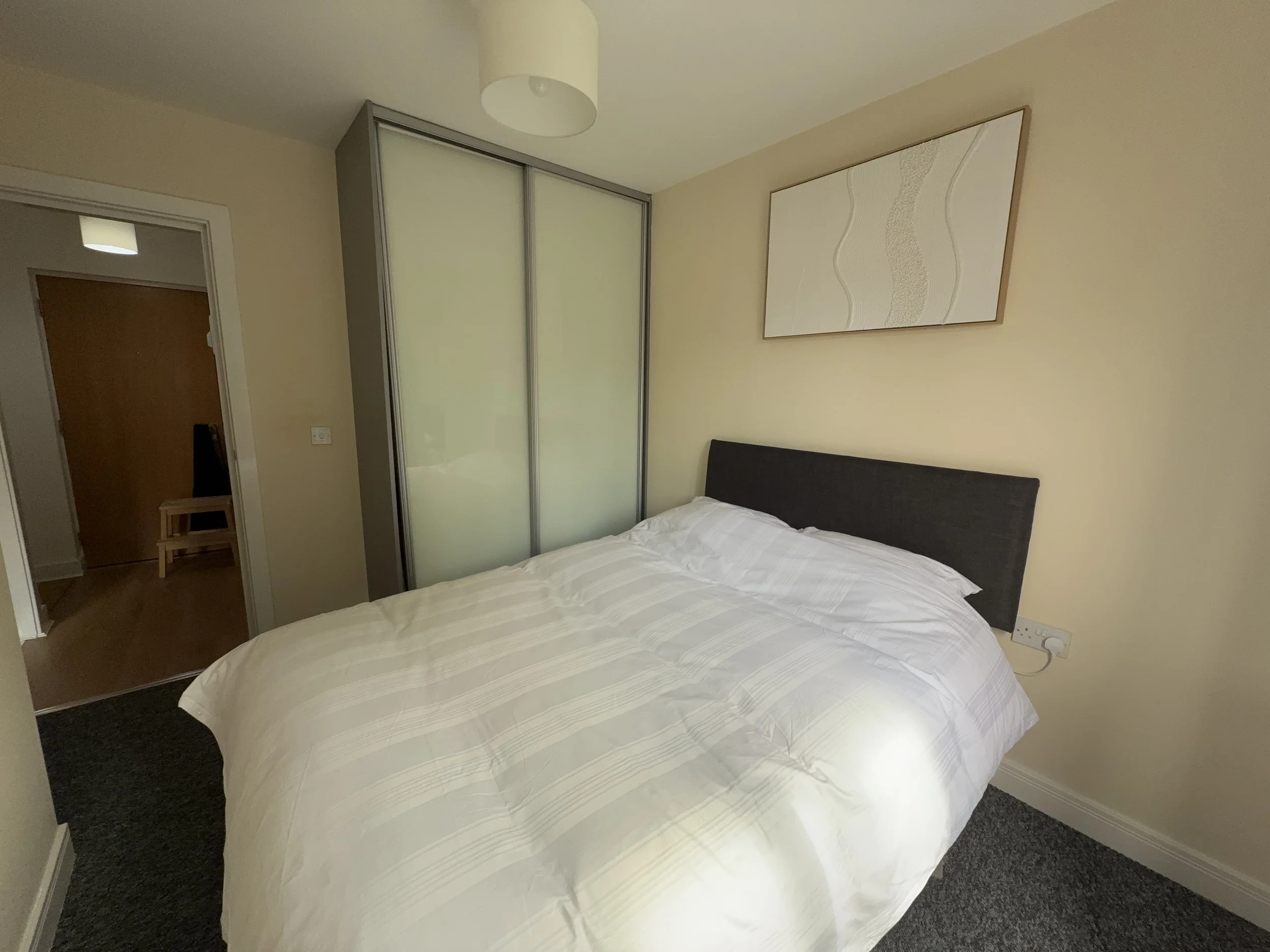 A neatly made bed with white striped bedding in a bedroom. There is a dark upholstered headboard, a large abstract white wall art, a ceiling light, a wardrobe with sliding frosted glass doors, a light switch, and a power outlet visible. Part of a doo