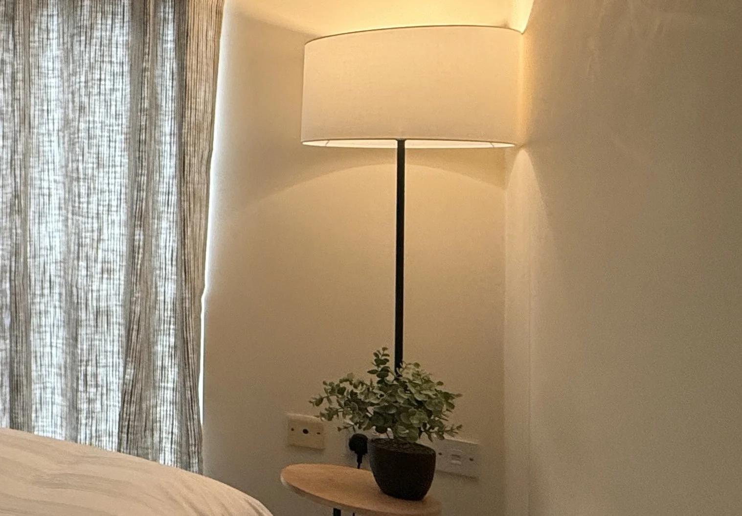 A bedroom corner with a floor lamp, a potted plant on a small wooden table, and a curtain on the left side.