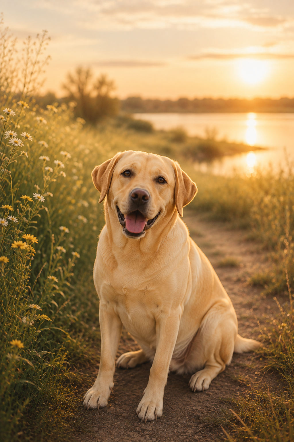 Yellow Labrador Retriever sitting beside a lake at sunset