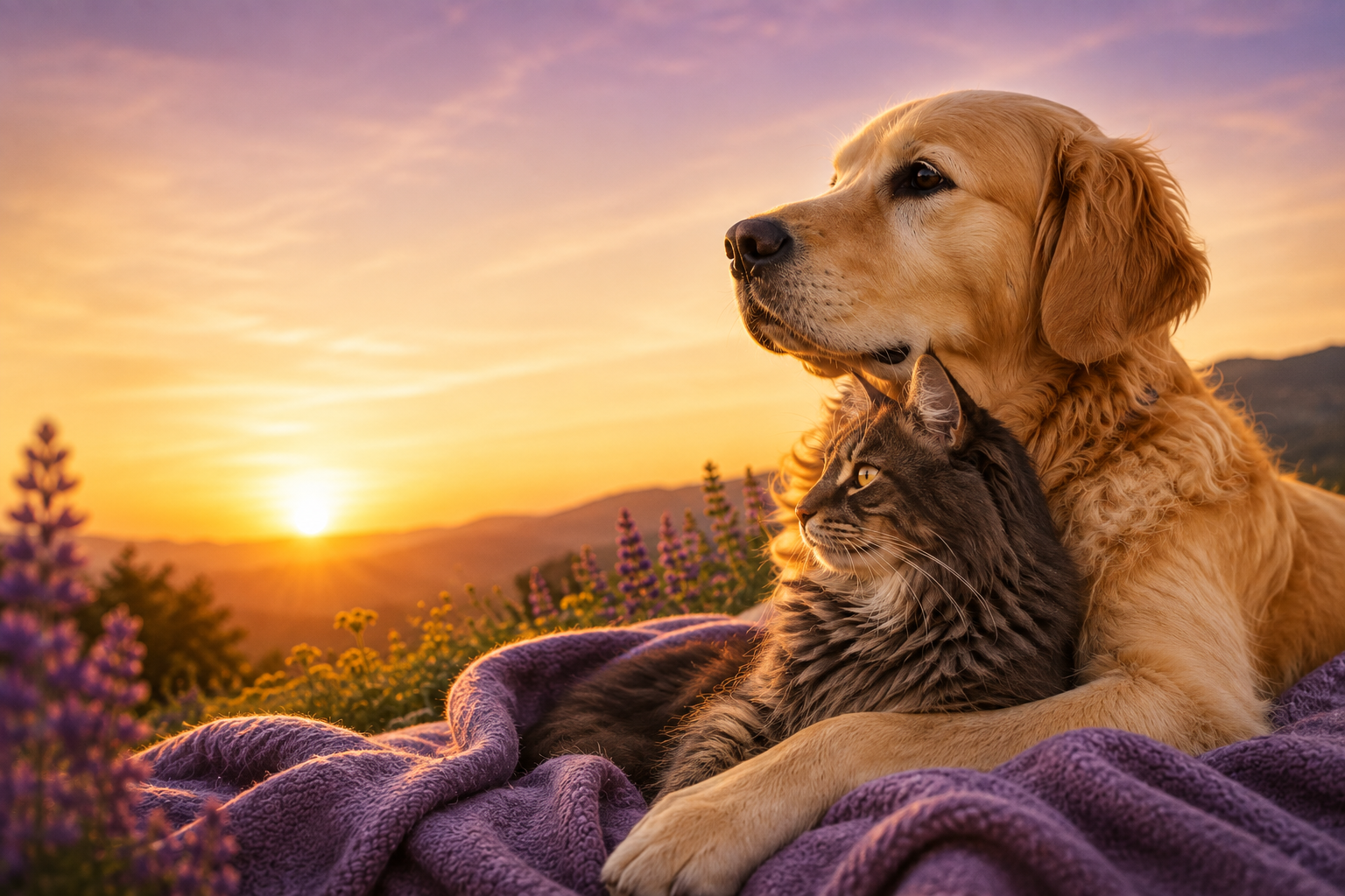 Golden Retriever and tabby cat resting together on a purple blanket at sunset.
