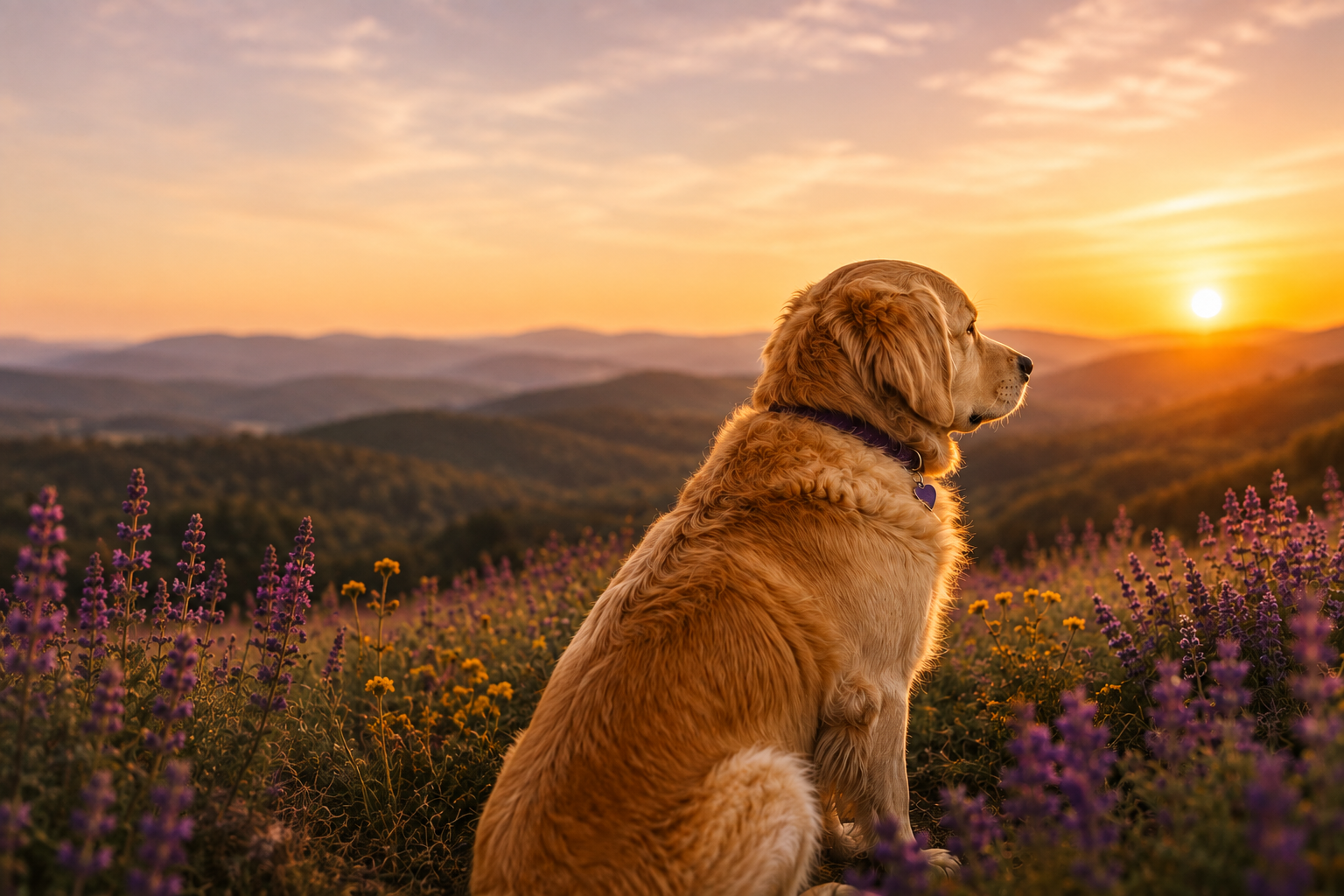 Golden retriever sitting among wildflowers and looking toward a sunset over the mountains.